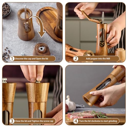 2 Pack Wooden Salt and Pepper Grinder Set — 8 Inch Refillable Salt and Pepper Shakers — Manual Spice Mills with Clear View Window — Ceramic Grinder, Adjustable Coarseness