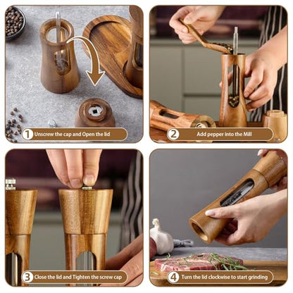 2 Pack Wooden Salt and Pepper Grinder Set — 8 Inch Refillable Salt and Pepper Shakers — Manual Spice Mills with Clear View Window — Ceramic Grinder, Adjustable Coarseness