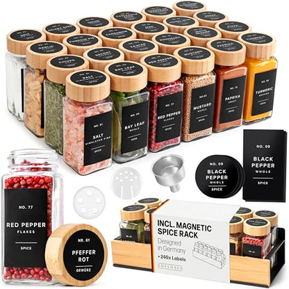 Square Glass Spice Jars (24 x 4oz) with Bamboo Lids + Magnetic Spice Rack for Refrigerator (Fits 12 Jars) + Bonus Slim Auxiliary Rack, 240 Labels, Shaker Inserts, Funnel - color: Bamboo Black Labels + Magnetic Rack