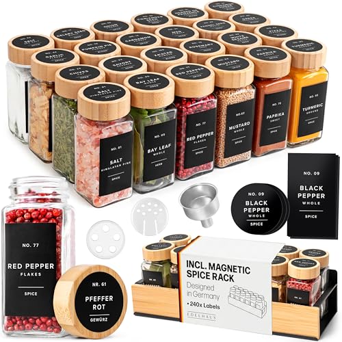 Square Glass Spice Jars (24 x 4oz) with Bamboo Lids + Magnetic Spice Rack for Refrigerator (Fits 12 Jars) + Bonus Slim Auxiliary Rack, 240 Labels, Shaker Inserts, Funnel - color: Bamboo Black Labels + Magnetic Rack