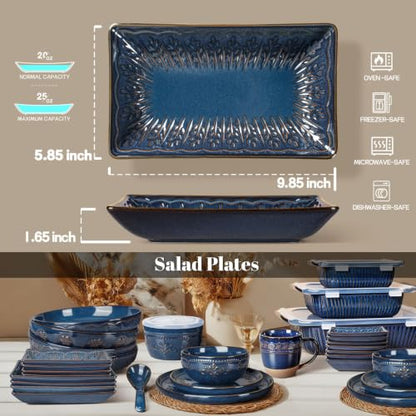 Salad Plates Set of 4, 9.85" Embossed Ceramic Rectangular Appetizer Plates, Deep Lipped Edges, Microwave & Dishwasher Safe, Dessert Sushi Pasta Serving Plates (Blue, Wheat Leaf) - color: Blue (Wheat Leaf), size: 9.85 inch