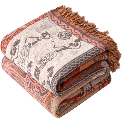 Phuryllic Boho Throw Blanket Twin Size, Soft Cozy Cotton Muslin Quilt Blanket for Bed Decor, Patchwork Block Couch Sofa Chair Cover, Vintage Farmhouse Cottage Tapestry Woven Blanket, Red&Orange - color: Dreamy Elegance, size: 60" x 80"