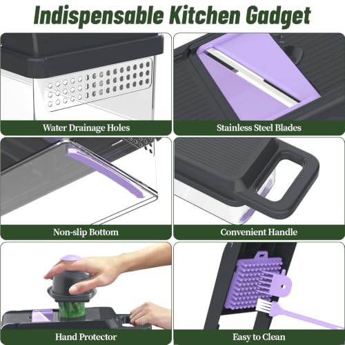 12-in-1 Vegetable Chopper 7 Blades, Veggie Cutter with Handle, Black/Purple | Stainless Steel Blades, Food Container and Lid, Dicer, Slicer, Julienne, Egg Separator, Non-slip Base, Include Cleaning Tools - color: Purple, size: 7 blades