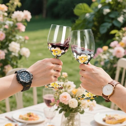 Comeon Flower Wine Glasses Hand Painted Wine Glasses Lemon Yellow 2 Set | Apricot Blossom Enamels Floral Design, Included Gift Box, Transparent Glass, Long Stem Crystal Red Wine Glasses - color: White/ 2 set (gift box)