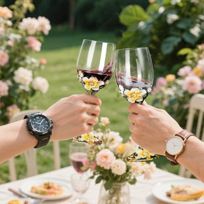 Comeon Flower Wine Glasses Hand Painted Wine Glasses Lemon Yellow 2 Set | Apricot Blossom Enamels Floral Design, Included Gift Box, Transparent Glass, Long Stem Crystal Red Wine Glasses - color: White/ 2 set (gift box)