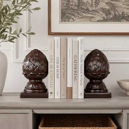 Benjara Ceramic Artichoke Bookends on Square Base, Brown