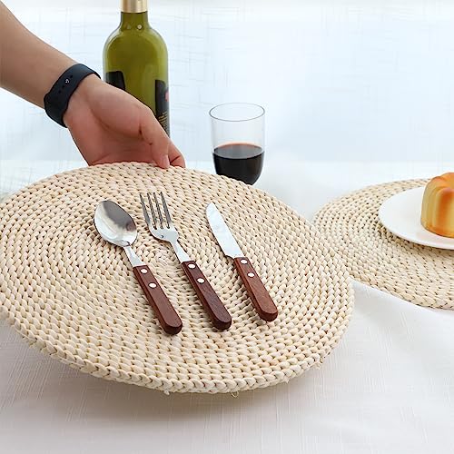 YRMT Round Woven Placemats Set of 6 Corn Husk Woven Placemat Braided Straw Water Hyacinth Place Mats for Dining Table, Wedding, Natural 13.8" in