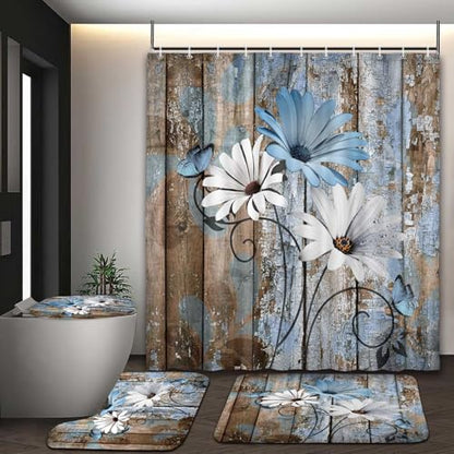 JAWO 4 Piece Blue Daisy Flower on Rustic Wooden Plank Country Style Shower Curtain Sets with Non-Slip Rugs, Toilet Lid Cover and Bath Mat, Shower Curtain with 12 Hooks - color: Blue-01, size: 5'10" x 5'10" (Rectangular)