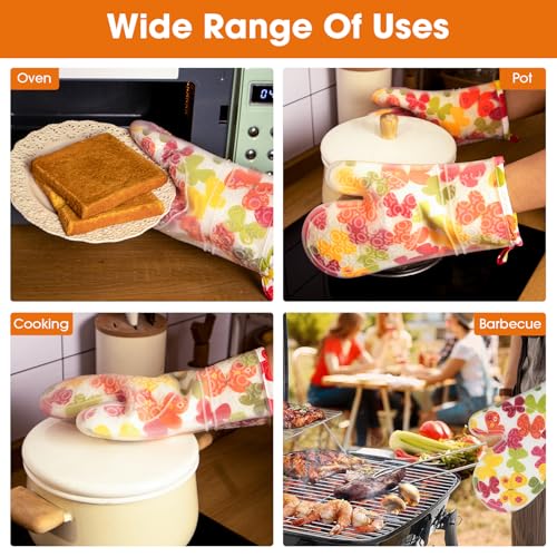 Silicone Oven Mitts Set Heat Resistant 2PCS Kitchen Mittens with Soft Cotton Lining Long Waterproof Non-Slip Oven Gloves for Cooking, BBQ, Baking-Flower - color: Flower