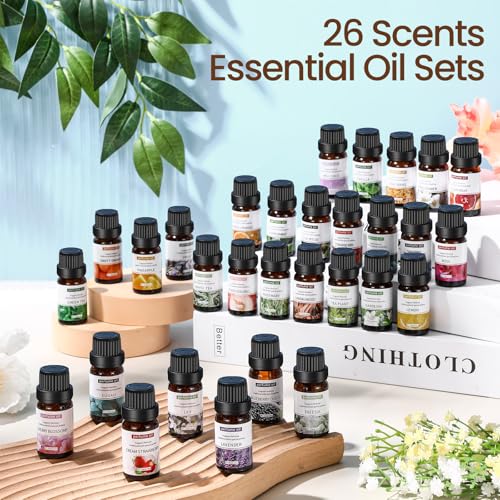 Nuanchu 26 Pcs Essential Oil Set for Diffusers Perfume Candle Soap Making | 10ml, Fragrance Aromatherapy, Fruity for Home Use, Skin Care Massage, for Humidifiers Scents, Diy, Laundry, Natural Supplies