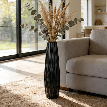 Black Tall Ceramic Floor Vase, 24 Inch, Ribbed Design | Matte Finish, Living Room, Fireplace, Entryway, Pampas Grass - size: 24 Inch