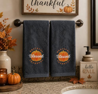 Harvest Fall Hand Towels for Bathroom: Plush Gray Grey Embroidered Grateful Thankful Blessed Orange Pumpkin Design for Bath, 100% Cotton, 16" x 25" Inches, Oeko-TEX Certified - color: Grateful