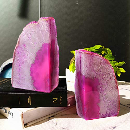 JIC Gem Pink Agate Geode Bookends Anti-Slip Rubber Bumpers 1 Pair 2-3 Lbs | Small Polished Dyed Pink Brazilian Agate Geode Bookends small Anti-Slip Crytal Holders for Bookshelf Desktop Home Office - color: Pink Dyed, size: 2-3LBS.