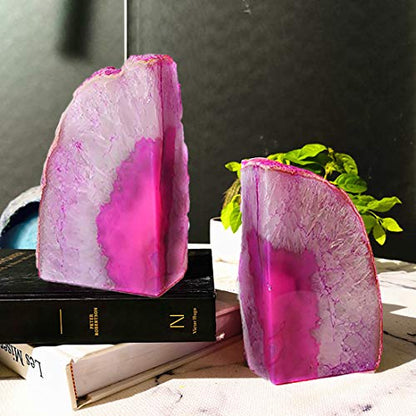 JIC Gem Pink Agate Geode Bookends Anti-Slip Rubber Bumpers 1 Pair 2-3 Lbs | Small Polished Dyed Pink Brazilian Agate Geode Bookends small Anti-Slip Crytal Holders for Bookshelf Desktop Home Office - color: Pink Dyed, size: 2-3LBS.