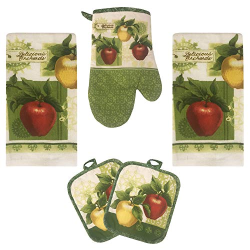 Apple Orchards Kitchen Towel 5 Piece Linen Set 2 Towels 2 Pot Holders 1 Oven Mitt - color: Apple 1