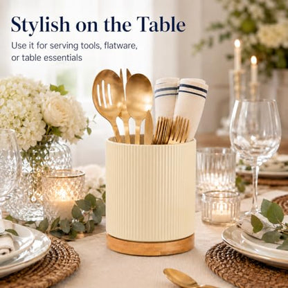 360° Rotating Ceramic Utensil Holder,Utensil Crock for Kitchen Counter | Kitchen Utensil Holder for Countertop with Rotatable Wooden Base,Ideal Housewarming Gifts & Mothers Day Gift-Yellow - color: Cream Yellow