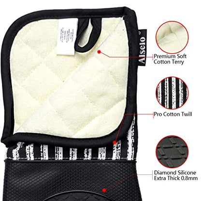 Alselo Silicone Oven Mitts Heat Resistant 932℉ with Waterproof & Non-Slip | Kitchen Mittens Set of 2,Extra Long 7.5"x15" Oven Gloves with Soft Cotton Terry Lining for Baking Cooking BBQ(Black,2) - color: Black