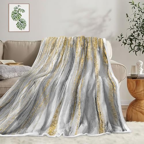 JAWO Gray Gold Throw Blanket, Grey Abstract TextureSoft Fleece Blankets for Couch Sofa Bedroom, Morden Cooling Blanket for Women Girls Gifts Fuzzy Fluffy Cozy Comfy Decorative for All Seasons - color: Gold, size: 60X80