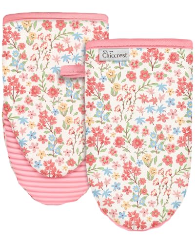 100% Thick Cotton Oven Mitts Ribbed Soft Silicone Pink Flower | Aesthetic Oven Mitts for Women, Machine Washable Non-Slip Kitchen Mitts, Reversible for Both Hands, Stylish Kitchen Decor - color: Pink Flower