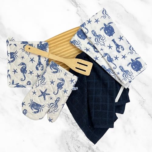 Summer Kitchen Pot Holder Oven Mitt Dish Towel Set: Fun Navy White Coastal Design, 5 pc Set (Coastal Blue) - color: Coastal Blue