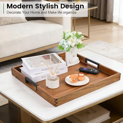 Large Ottoman Tray for Living Room and Coffee Table, Decorative Acacia Wood Serving Tray with Metal Handles for Breakfast in Bed, Dinner Food Kitchen TV (Natural, 17" x 17" x 2") - size: 17" x 17" x 2"