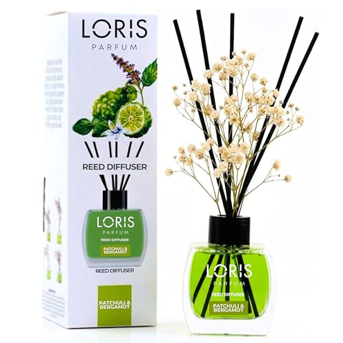 Loris Patchouli & Bergamot Reed Diffuser Set with Dried Flowers | Reed Diffusers for Home with Sticks | Bathroom Diffuser & Room Scent | Long-Lasting Home Fragrance | 120 mL / 4.06 fl oz - color: Patchouli & Bergamot