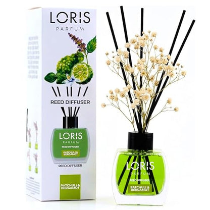 Loris Patchouli & Bergamot Reed Diffuser Set with Dried Flowers | Reed Diffusers for Home with Sticks | Bathroom Diffuser & Room Scent | Long-Lasting Home Fragrance | 120 mL / 4.06 fl oz - color: Patchouli & Bergamot