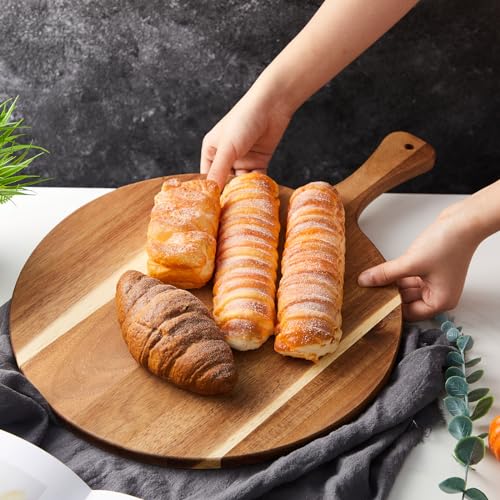 Sliner 6 Pcs Acacia Wood Round Cutting Board Pizza Paddle,9 X 13 Inch | 0.6" Thick Wood Boards with Handle, Charcuterie Serving for Cheese Meat Fruit Party, Chopping Paddle Kitchen Bulk Gift - size: 9 x 13 Inch