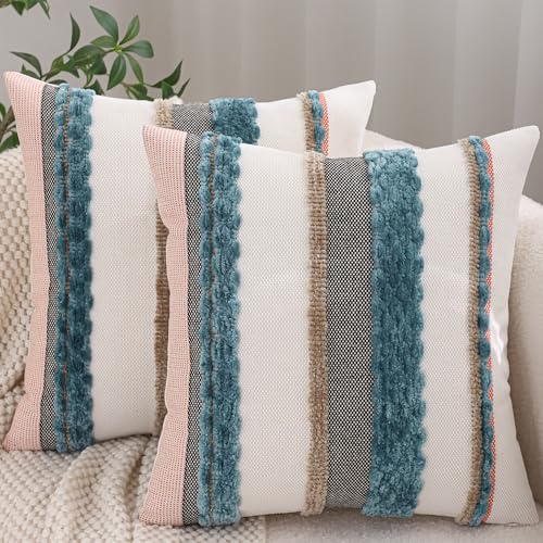 Boho Throw Pillow Covers 18x18 Set of 2 Turquoise Blue | Coastal Decor,Stripe Pillow Covers,Farmhouse Cushion Case,Chenille Pillow Cases,Neutral Pillowcase for Sofa Couch Bed - color: Blue Stripe, size: 18" x 18" (Pack of 2)
