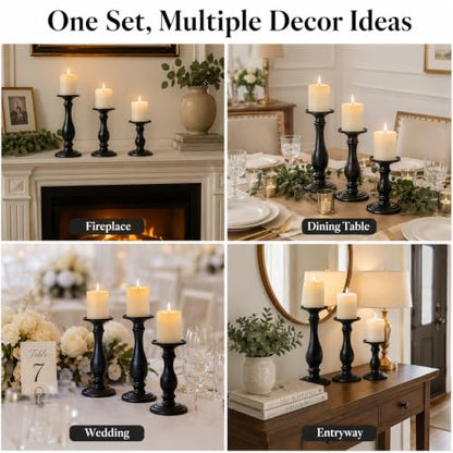 Matte Black Pillar Candle Holders Set of 3-10", 8", 6”H Candlestick Candle Holders Stand, Home Coffee Table Decor Decorations Centerpiece for Dining/Living Room