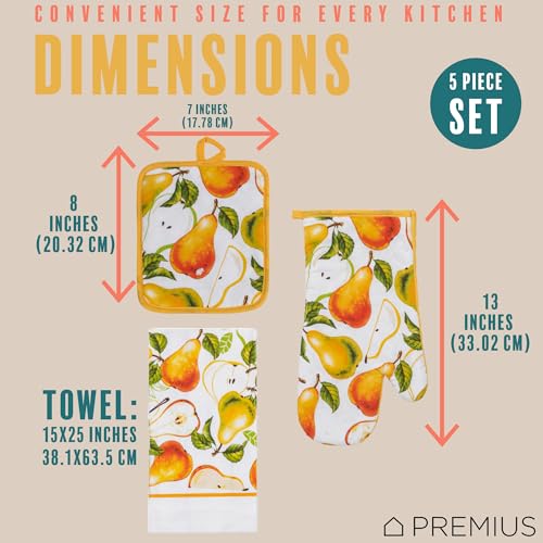 5 Piece Pears Printed Kitchen Linen Set, 2 Cotton Towels, 2 Potholders, 1 Oven Mitt with Hanging Loop, 100% Cotton Material on Front & Polyester Backing, Perfect Kitchen Accessory, Gift - color: Pears