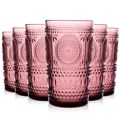 Purple Drinking Glasses Vintage Glassware Set Ribbed Water Glass Cups | Embossed Sunflower Highball, 6 Pack, 16 oz Glassware Set, Housewarming Gifts