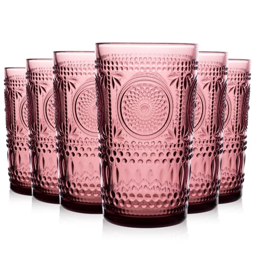 Purple Drinking Glasses Vintage Glassware Set Ribbed Water Glass Cups | Embossed Sunflower Highball, 6 Pack, 16 oz Glassware Set, Housewarming Gifts