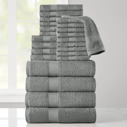 24-Piece Set of Towels, Lightweight 380 GSM Cotton Towels, Quick Drying, Absorbent Hand Towels, Fingertip Towels, Bath Towels, & Washcloths, Grey - color: Grey