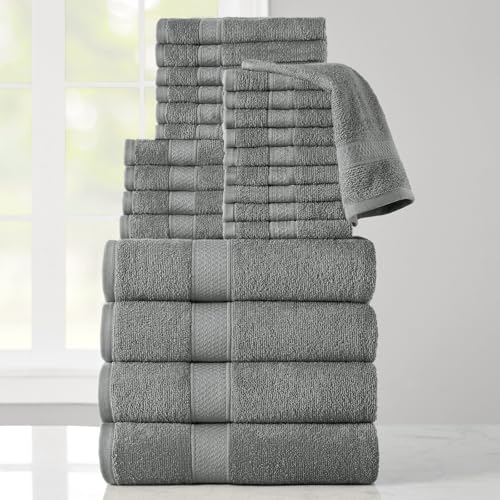 24-Piece Set of Towels, Lightweight 380 GSM Cotton Towels, Quick Drying, Absorbent Hand Towels, Fingertip Towels, Bath Towels, & Washcloths, Grey - color: Grey