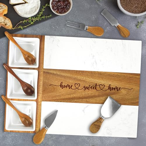 EMM Marble Cutting Board Set, Charcuterie Cheese Boards, 3 Bowls, 3 Spoons, 4 Charcuterie Utensils, Meat, Fruits, Vegetables, Housewarming, Wedding - Home Sweet Home - style: Marble-Home Sweet Home