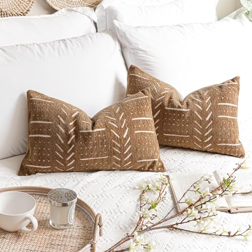 Decorative Lumbar Throw Pillow Covers 12X20 Set of 2, Brown Boho Farmhouse Cushion Cover, Soft Accent Pillowcase for Couch Sofa Bed Living Room Home Décor - color: Brown, size: 20" x 12" (Pack of 2)