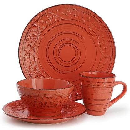 Elama Malibu Jasper 16-Piece Stoneware Embossed Pattern Reactive Glaze Orange Dinnerware Set, Tableware, Serveware Set (Jasper Orange) - color: Jasper Orange