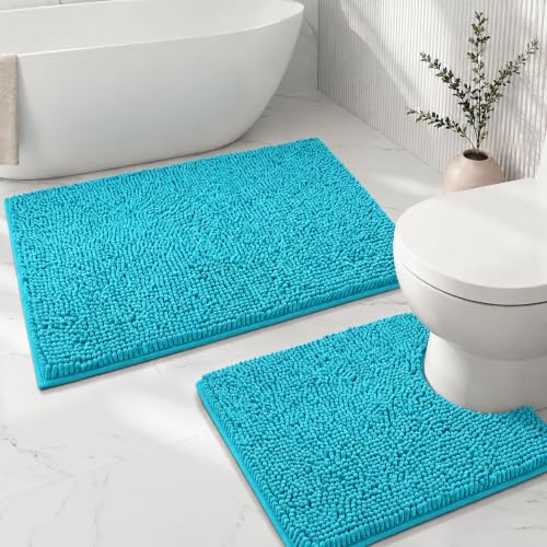 Bathroom Rugs Sets 2 Piece,Super Absorbent Soft,Thick,Machine Washable Chenille Bath Mat,Non Slip Toilet Floor Rug,Bath Mats for Bathroom,20x32 Plus 20x20 U Shape,Light Blue - color: Light Blue, size: 1'8" x 2'8" (20x32''+20x20''U shape)