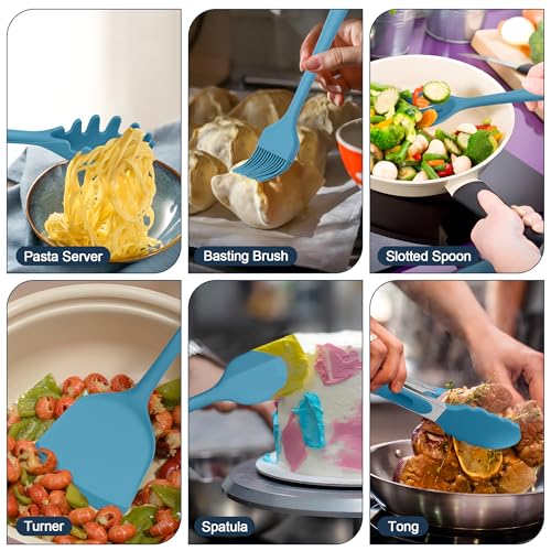 E-far Silicone Cooking Utensils Set, 25 Piece Kitchen Utensils with Holder, Non Toxic Kitchen Tools Spatula, Turner, Spoon, Ladle for Nonstick Cookware, Heat Resistant & Dishwasher Safe - Blue - color: Blue