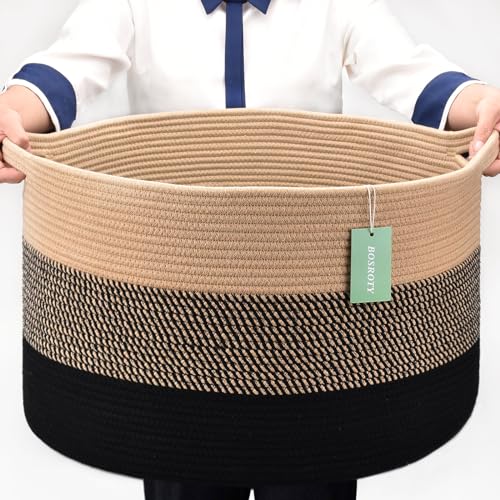 Large Cotton Rope Blanket Basket, 87L Laundry Hamper, Brown & Black | Collapsible Woven Nursery Hamper, Sturdy Handles for Clothes Toys Towels, Ideal for Living Room Bedroom Bathroom - color: Brown & Black, size: 87L (22"x14")