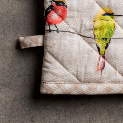 Maison d' Hermine 100% Cotton Oven Mitt & Pot Holder Set (7.5"x13" & 8"x8") | Heat Resistant BBQ Cooking Gloves with Loop Baking Grilling Kitchen Hotel Home Farmhouse Spring Summer - Birdies on Wire - color: 003 - Birdies on Wire, size: 7.5" x 13" & 8" x