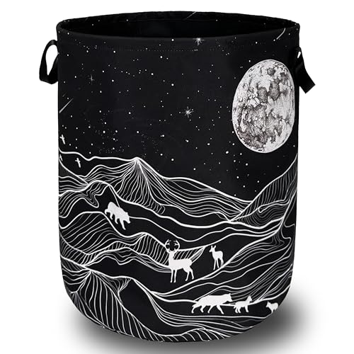 Mountain Moon Laundry Basket Oxford Cloth Foldable Hamper 18.9x16.5 Inch | Deer Bear With Handle Tote Bag Laundry Hamper Clothes Storage Bucket Toy Organizer For Bathroom/Laundry/Bedroom - color: Mountain With Galaxy Moon Bear