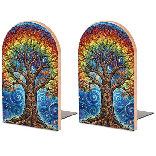 Tree of Life Wooden Bookends, Book Ends for Shelves | 1 Pair 5"x3.15" Decorative Wood Book Supports, Cute Shelf Stoppers for Heavy Books, Office Desk, Study Room & Home Decor - style: Tree of Life