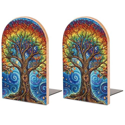 Tree of Life Wooden Bookends, Book Ends for Shelves | 1 Pair 5"x3.15" Decorative Wood Book Supports, Cute Shelf Stoppers for Heavy Books, Office Desk, Study Room & Home Decor - style: Tree of Life