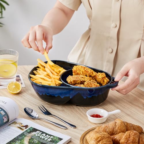 vancasso Starry Chip and Dip Bowl, Anti-Soggy Cereal Bowl, Soup and Sandwich Plate Combo, Breakfast Powls, Divided Snack Bowls Gifts for Wedding Housewarming Party, 2 Pack(Blue) - color: Blue