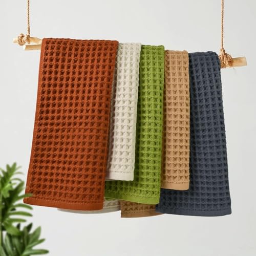 Waffle Hand Towel Set (5 Colors), Cotton Soft Lint-Free Quick Drying Towels | for Family, Bathroom, Gym, Spa, Kitchen, 13” x 29” - color: 5 Colors