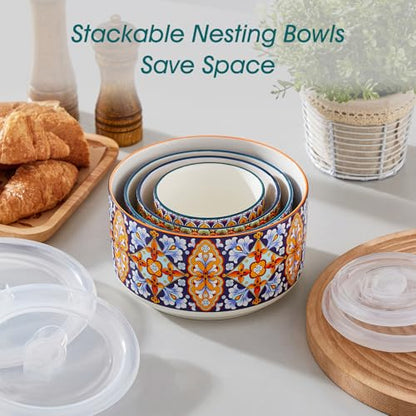 vancasso SIMI Serving Bowls with Lids, Ceramic Mixing Bowls Set of 4, Boho | Nesting Bowls for Food Storage, Prep, Stackable Bohemian Bowls, Dishwasher & Microwave Safe Gift Set, 60/36/20/10 OZ - size: 60/36/20/10 OZ (Set of 4)