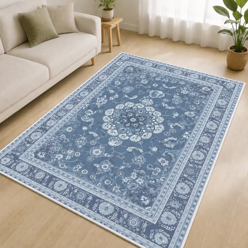 Boho Blue Area Rug 3x5 Soft Machine Washable Neutral Vintage Area Rug with Non-Slip Backing Low Pile Throw Rugs for Entryway, Living Room, Kitchen, Kis Room, Office, Bedroom, Laundry Mat Carpet Decor - color: Blue, size: 3' x 5' (Rectangular)