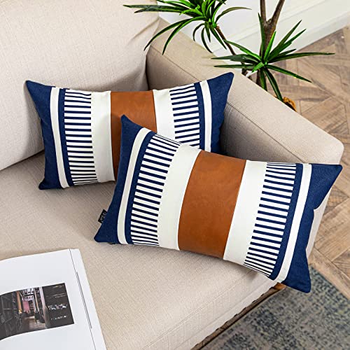 Set of 2 Navy Blue and White Stripe Throw Lumbar Pillow Covers 12x20 inch,Faux Leather Modern Accent Boho Cushion Cover for Couch Living Room Bedroom - color: Navy Blue, size: 20" x 12" (Pack of 2)